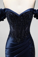 Load image into Gallery viewer, Sparkly Navy Mermaid Beaded Ruched Long Formal Dress with Slit