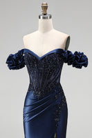 Load image into Gallery viewer, Sparkly Navy Mermaid Beaded Ruched Long Formal Dress with Slit
