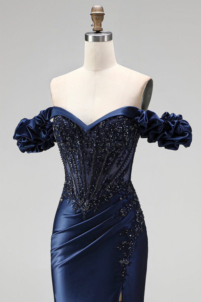 Load image into Gallery viewer, Sparkly Navy Mermaid Beaded Ruched Long Formal Dress with Slit