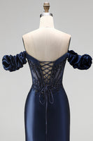 Load image into Gallery viewer, Sparkly Navy Mermaid Beaded Ruched Long Formal Dress with Slit
