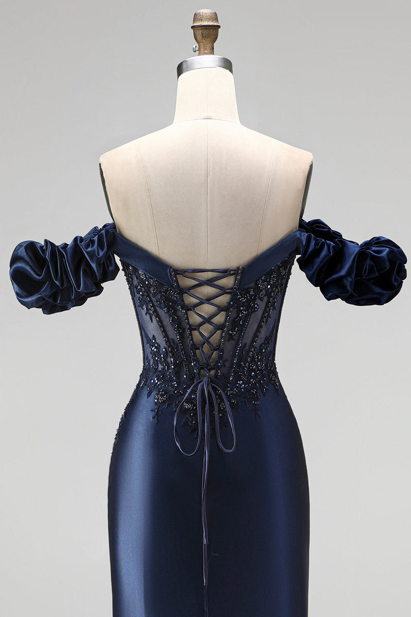 Load image into Gallery viewer, Sparkly Navy Mermaid Beaded Ruched Long Formal Dress with Slit