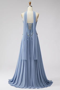 Sparkly Dusty Blue A line Corset Sweetheart Long Prom Dress with Rhinestones