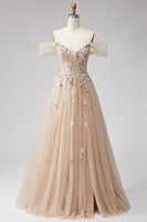Load image into Gallery viewer, Floral Champagne A Line Off the Shoulder Corset Long Prom Dress with Slit