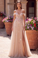 Load image into Gallery viewer, Floral Champagne A Line Off the Shoulder Corset Long Prom Dress with Slit