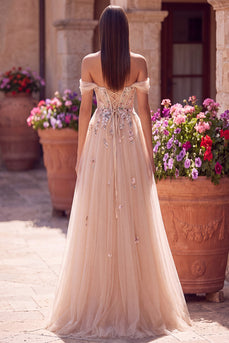Floral Champagne A Line Off the Shoulder Corset Long Prom Dress with Slit