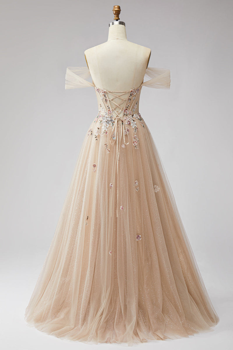 Load image into Gallery viewer, Floral Champagne A Line Off the Shoulder Corset Long Prom Dress with Slit