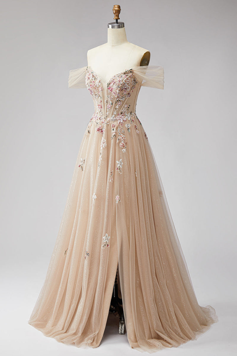Load image into Gallery viewer, Floral Champagne A Line Off the Shoulder Corset Long Prom Dress with Slit