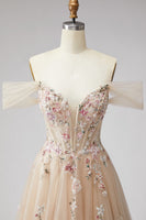 Load image into Gallery viewer, Floral Champagne A Line Off the Shoulder Corset Long Prom Dress with Slit