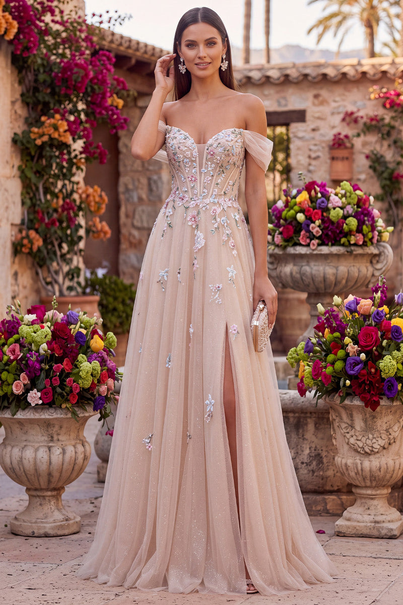 Load image into Gallery viewer, Floral Champagne A Line Off the Shoulder Corset Long Prom Dress with Slit