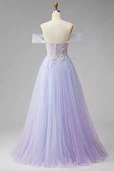 Glitter Lilac A Line Floral Corset Off the Shoulder Long Prom Dress with Slit