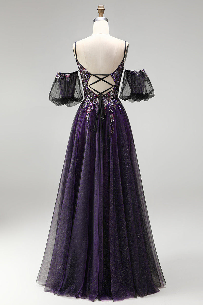 Load image into Gallery viewer, Dark Purple Floral A-Line Sparkly Corset Long Prom Dress with Sequins