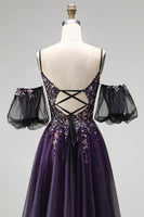 Load image into Gallery viewer, Dark Purple Floral A-Line Sparkly Corset Long Prom Dress with Sequins