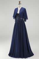 Load image into Gallery viewer, Sparkly Navy 2 Piece Corset A Line Beaded Long Beach Mother of the Bride Dress with Shawl