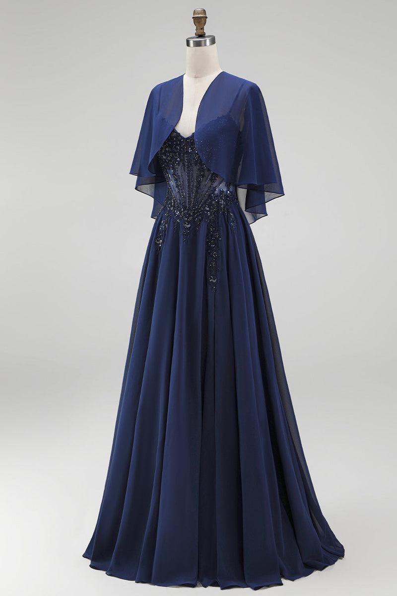 Load image into Gallery viewer, Sparkly Navy 2 Piece Corset A Line Beaded Long Beach Mother of the Bride Dress with Shawl