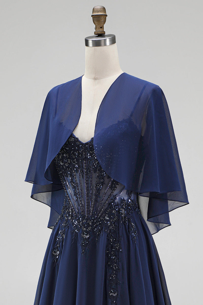 Load image into Gallery viewer, Sparkly Navy 2 Piece Corset A Line Beaded Long Beach Mother of the Bride Dress with Shawl