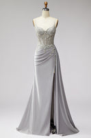 Load image into Gallery viewer, Sparkly Light Grey Corset Spaghetti Straps Mermaid Beaded Long Prom Dress with Side Cape