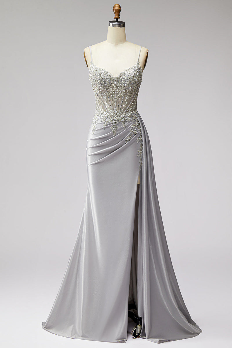 Load image into Gallery viewer, Sparkly Light Grey Corset Spaghetti Straps Mermaid Beaded Long Prom Dress with Side Cape