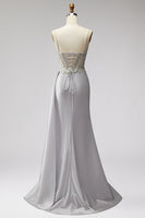 Load image into Gallery viewer, Sparkly Light Grey Corset Spaghetti Straps Mermaid Beaded Long Prom Dress with Side Cape