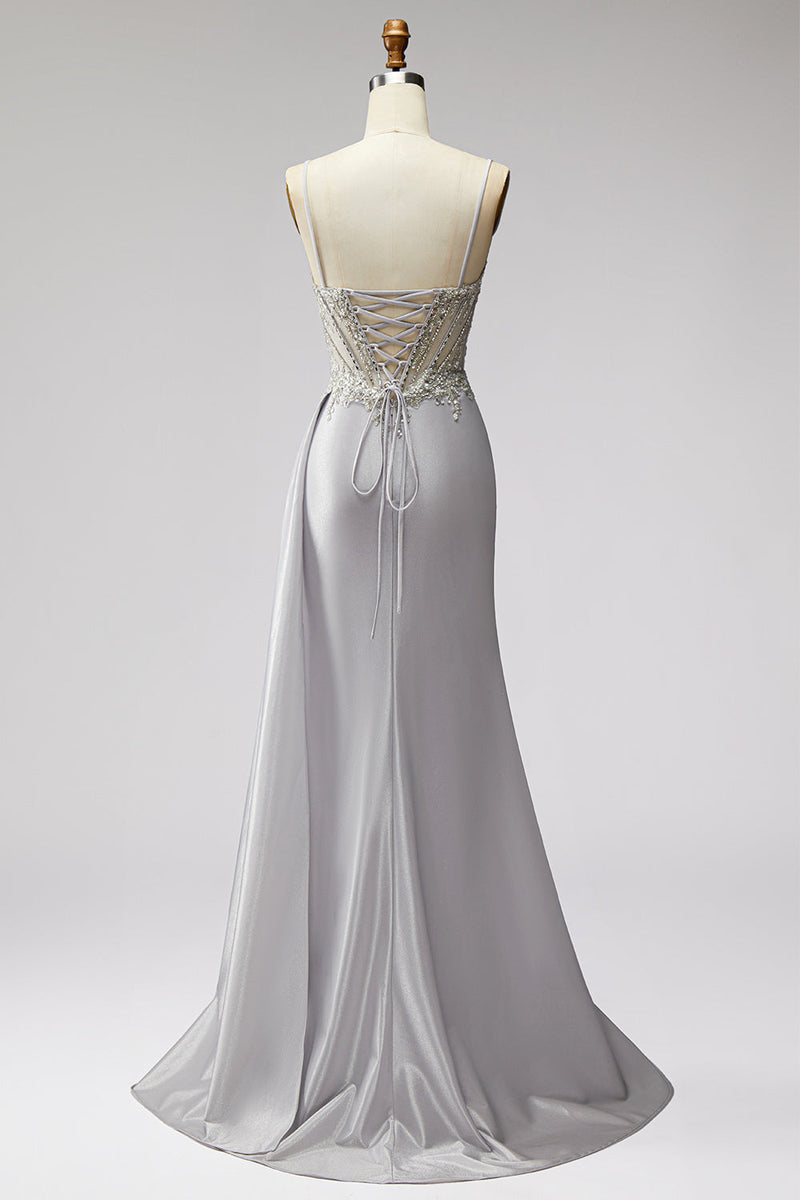 Load image into Gallery viewer, Sparkly Light Grey Corset Spaghetti Straps Mermaid Beaded Long Prom Dress with Side Cape