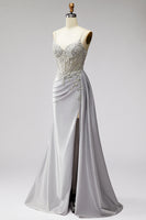 Load image into Gallery viewer, Sparkly Light Grey Corset Spaghetti Straps Mermaid Beaded Long Prom Dress with Side Cape