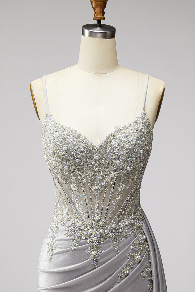 Load image into Gallery viewer, Sparkly Light Grey Corset Spaghetti Straps Mermaid Beaded Long Prom Dress with Side Cape