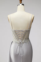 Load image into Gallery viewer, Sparkly Light Grey Corset Spaghetti Straps Mermaid Beaded Long Prom Dress with Side Cape