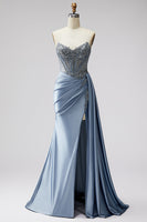 Load image into Gallery viewer, Sparkly Blue Mermaid Corset Beaded Long Prom Dress with Side Cape