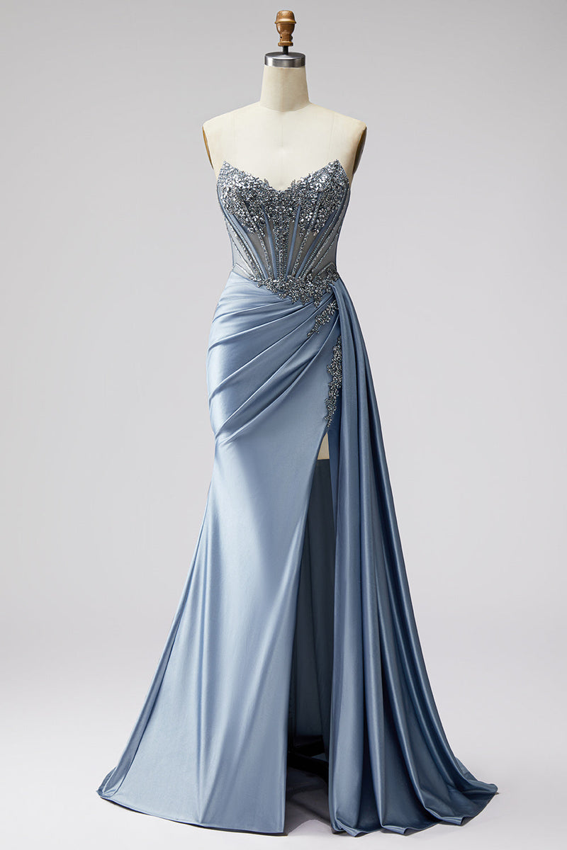 Load image into Gallery viewer, Sparkly Blue Mermaid Corset Beaded Long Prom Dress with Side Cape