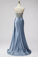Load image into Gallery viewer, Sparkly Blue Mermaid Corset Beaded Long Prom Dress with Side Cape