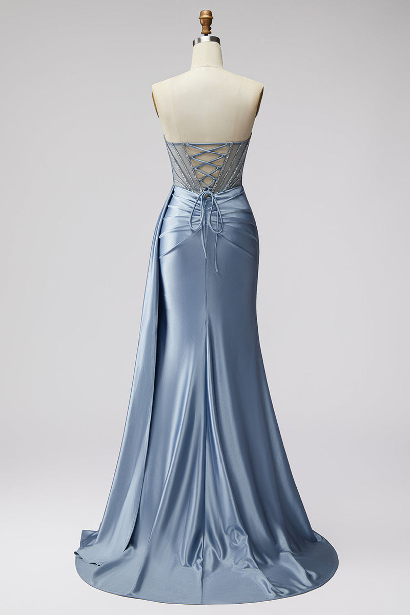 Load image into Gallery viewer, Sparkly Blue Mermaid Corset Beaded Long Prom Dress with Side Cape