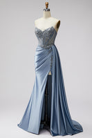 Load image into Gallery viewer, Sparkly Blue Mermaid Corset Beaded Long Prom Dress with Side Cape