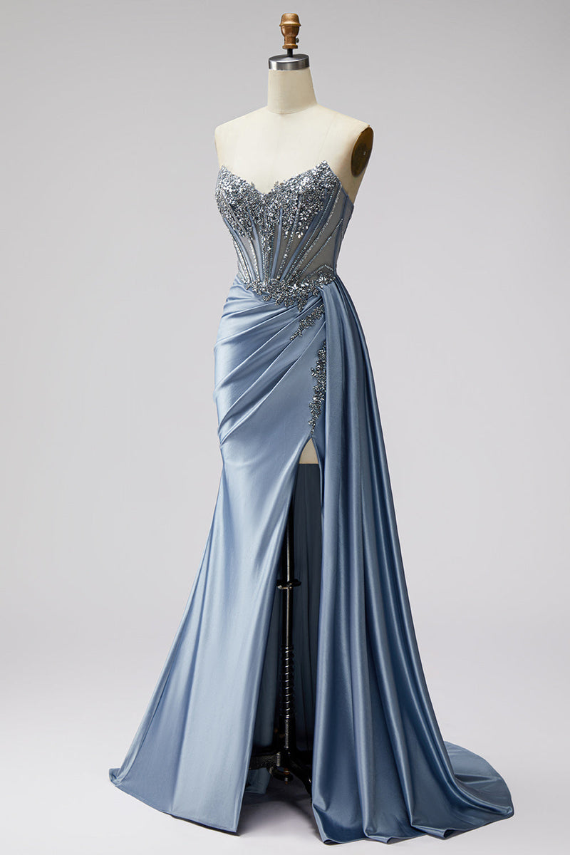 Load image into Gallery viewer, Sparkly Blue Mermaid Corset Beaded Long Prom Dress with Side Cape