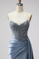 Load image into Gallery viewer, Sparkly Blue Mermaid Corset Beaded Long Prom Dress with Side Cape