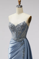 Load image into Gallery viewer, Sparkly Blue Mermaid Corset Beaded Long Prom Dress with Side Cape