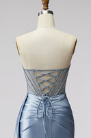 Load image into Gallery viewer, Sparkly Blue Mermaid Corset Beaded Long Prom Dress with Side Cape
