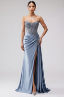 Load image into Gallery viewer, Sparkly Blue Mermaid Corset Beaded Long Prom Dress with Side Cape