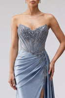 Load image into Gallery viewer, Sparkly Blue Mermaid Corset Beaded Long Prom Dress with Side Cape