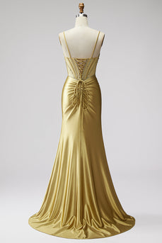 Sparkly Golden Mermaid Satin Corset Beaded Long Prom Dress with Slit