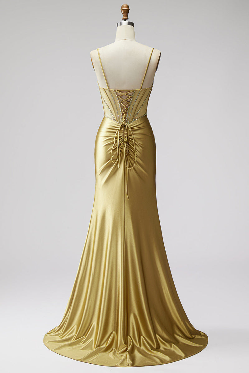 Load image into Gallery viewer, Sparkly Golden Mermaid Satin Corset Beaded Long Prom Dress with Slit