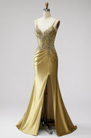 Load image into Gallery viewer, Sparkly Golden Mermaid Satin Corset Beaded Long Prom Dress with Slit
