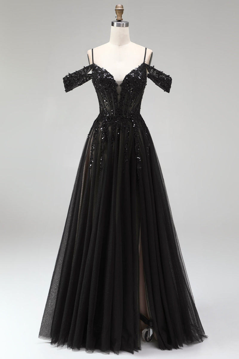 Load image into Gallery viewer, Sparkly Black Sequins A Line Cold Shoulder Corset Long Prom Dress with Slit