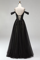 Load image into Gallery viewer, Sparkly Black Sequins A Line Cold Shoulder Corset Long Prom Dress with Slit