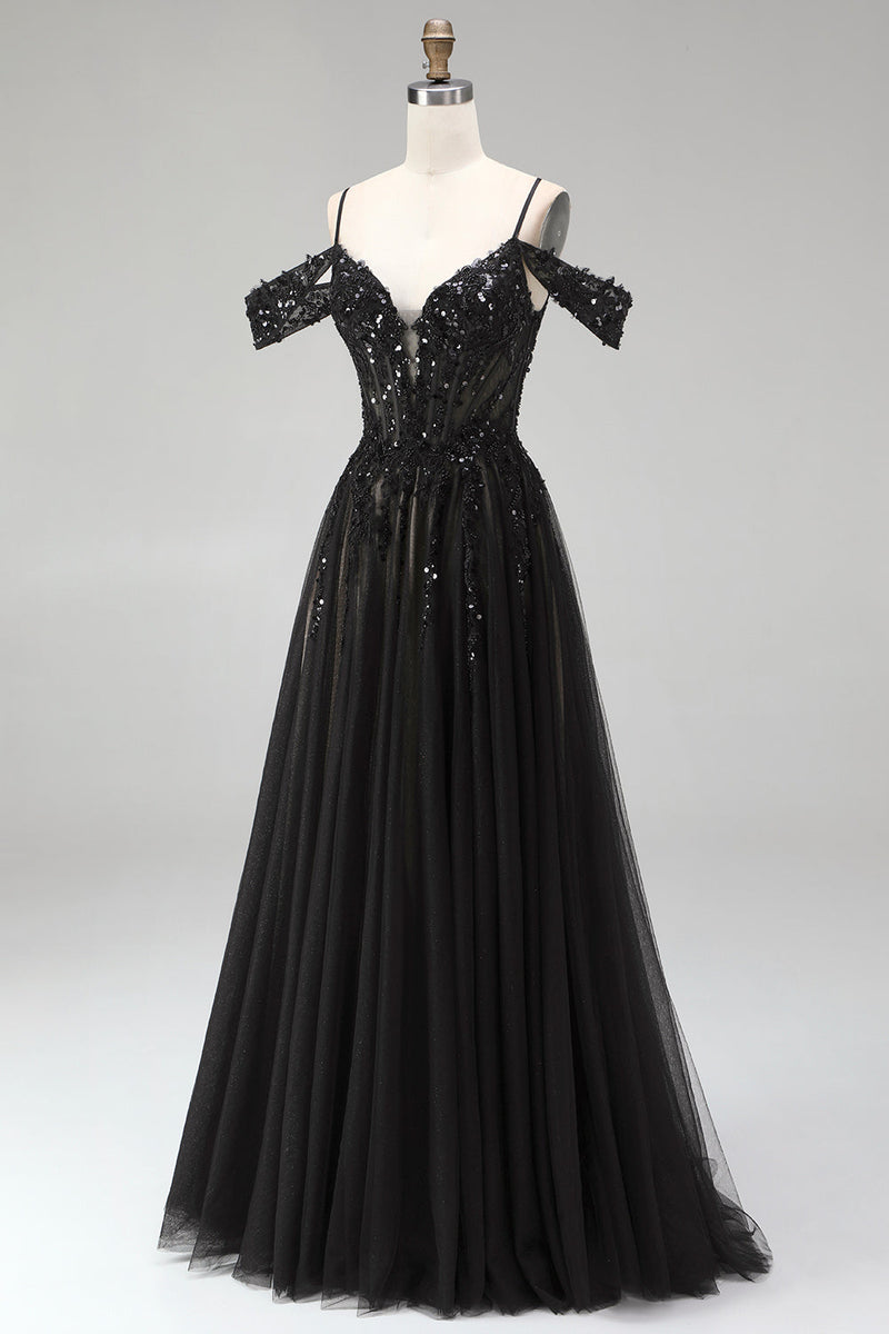 Load image into Gallery viewer, Sparkly Black Sequins A Line Cold Shoulder Corset Long Prom Dress with Slit