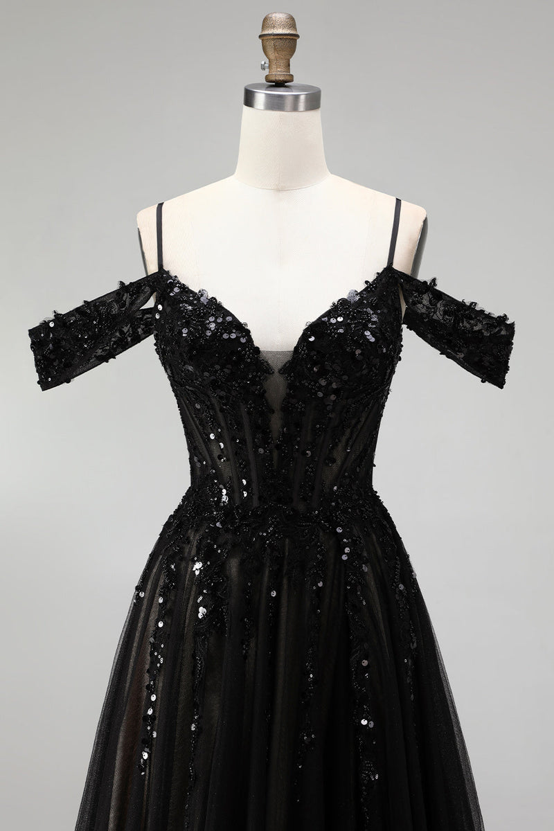 Load image into Gallery viewer, Sparkly Black Sequins A Line Cold Shoulder Corset Long Prom Dress with Slit