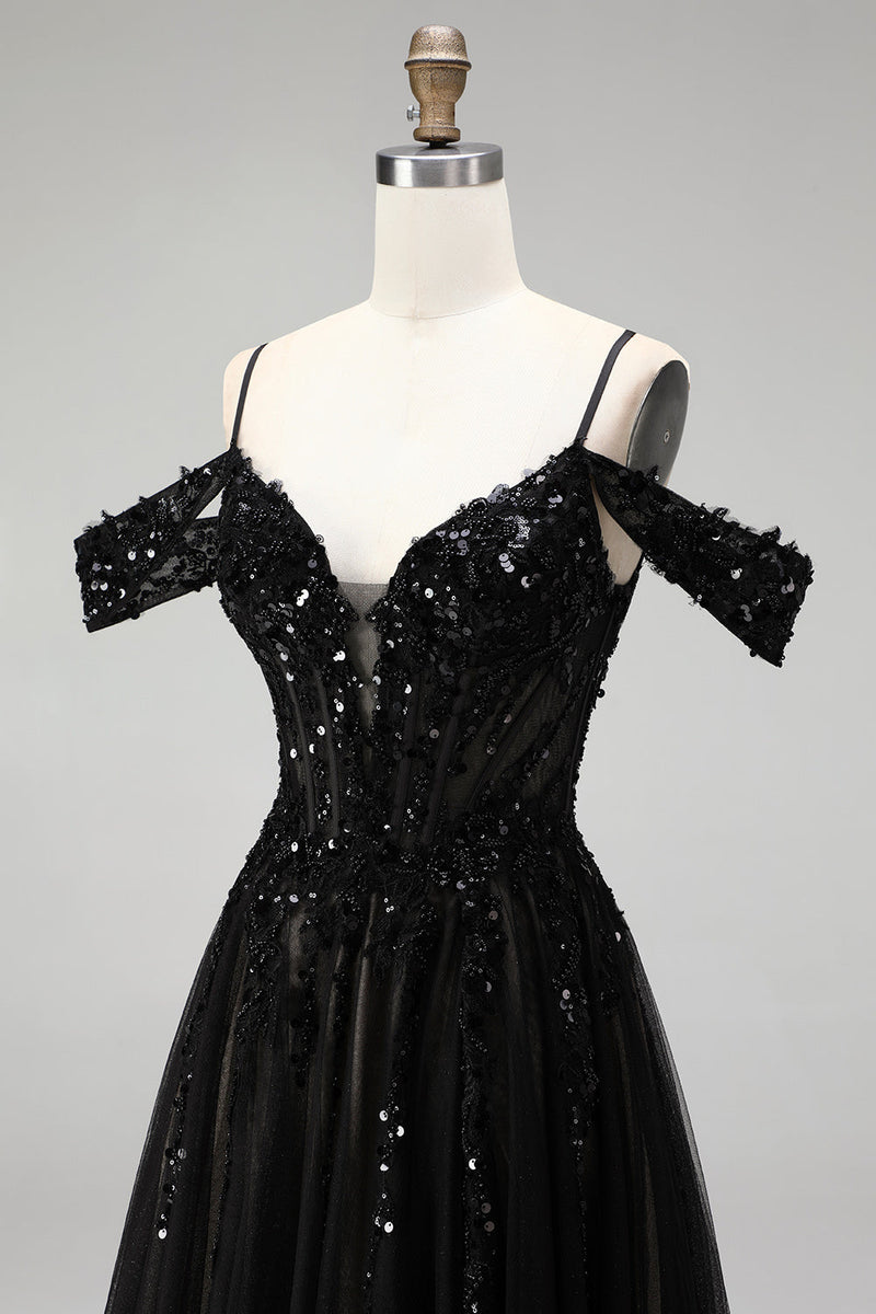 Load image into Gallery viewer, Sparkly Black Sequins A Line Cold Shoulder Corset Long Prom Dress with Slit