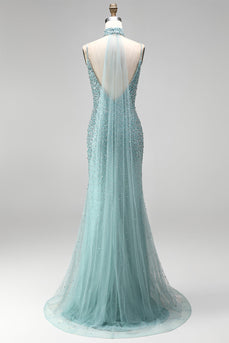 Sparkly Grey Green Mermaid Beaded Spaghetti Straps Long Prom Dress with Slit