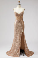 Load image into Gallery viewer, Sparkly Golden Sequin Mermaid Corset Sweetheart Long Prom Dress with Slit