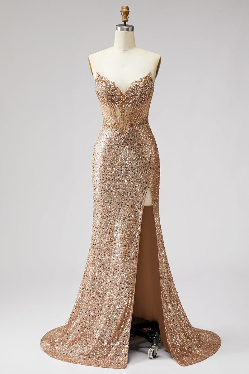 Load image into Gallery viewer, Sparkly Golden Sequin Mermaid Corset Sweetheart Long Prom Dress with Slit