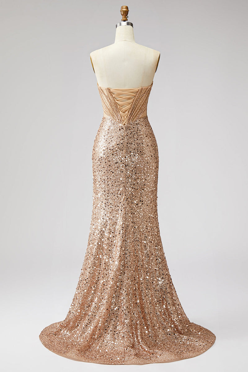 Load image into Gallery viewer, Sparkly Golden Sequin Mermaid Corset Sweetheart Long Prom Dress with Slit