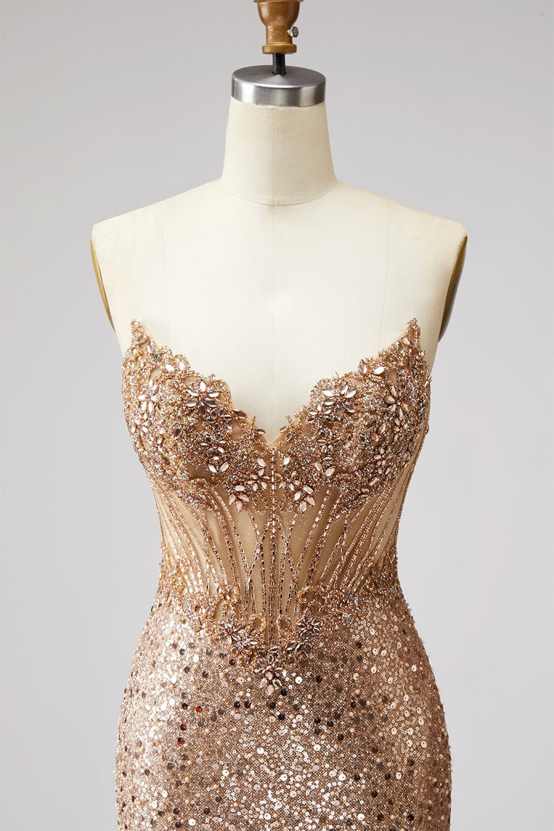 Load image into Gallery viewer, Sparkly Golden Sequin Mermaid Corset Sweetheart Long Prom Dress with Slit